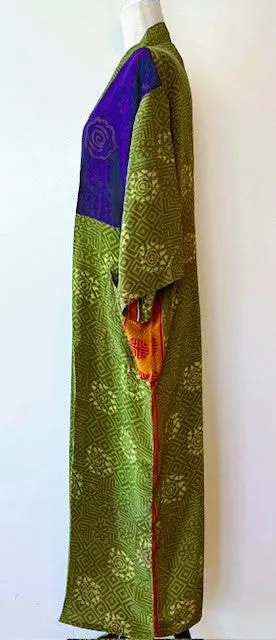 Luxurious Abstract Floral Silk Kimono Duster: Color Block Purple and Cerise