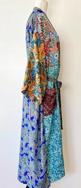Luxury Mixed Print Silk Blend Kimono Duster Is Provocative (Aqua)