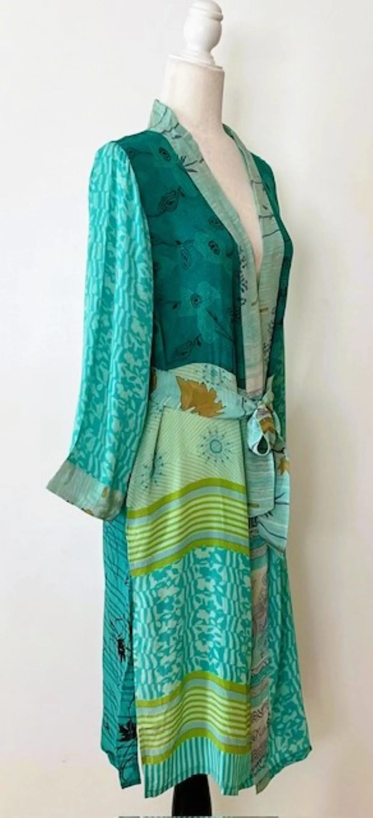 Luxury Rich Silk Print Kimono Duster Dress is Elegant (Aqua)