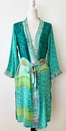 Luxury Rich Silk Print Kimono Duster Dress is Elegant (Aqua)
