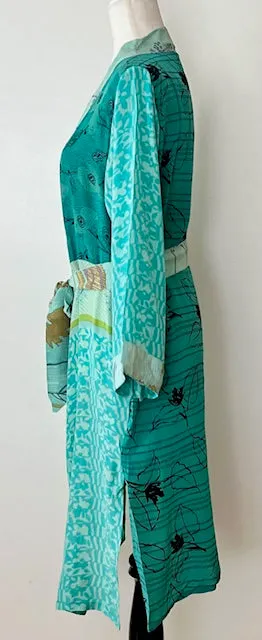 Luxury Rich Silk Print Kimono Duster Dress is Elegant (Aqua)