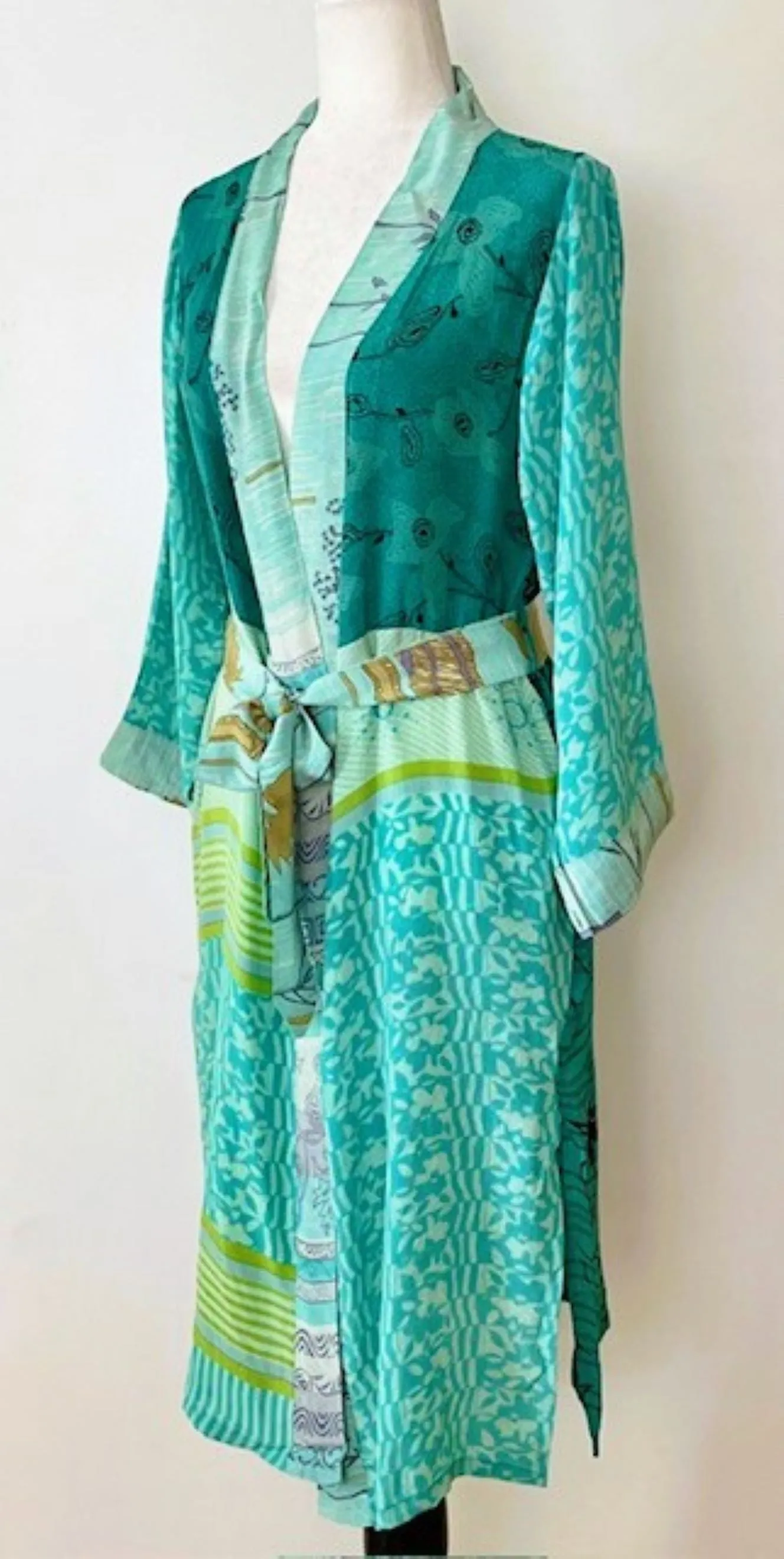 Luxury Rich Silk Print Kimono Duster Dress is Elegant (Aqua)
