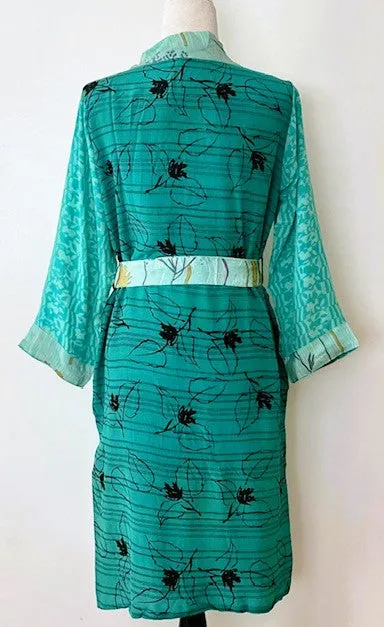 Luxury Rich Silk Print Kimono Duster Dress is Elegant (Aqua)