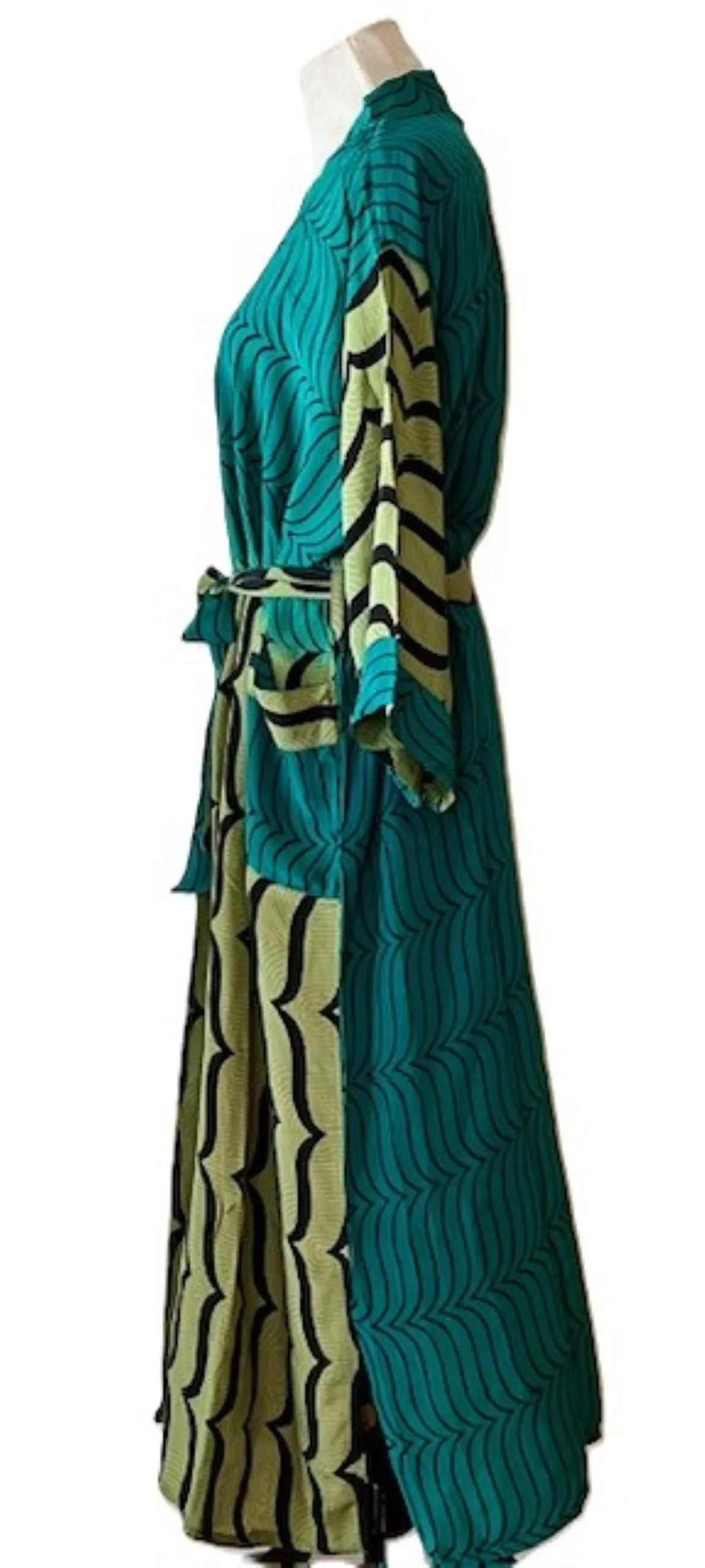 Luxury Silk Kimono Duster Dress: Smart Contrasting Prints
