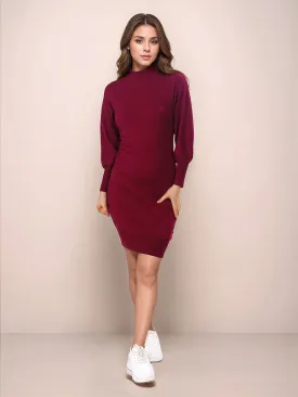 Maroon Solid Slip-On Short Sweater Dress