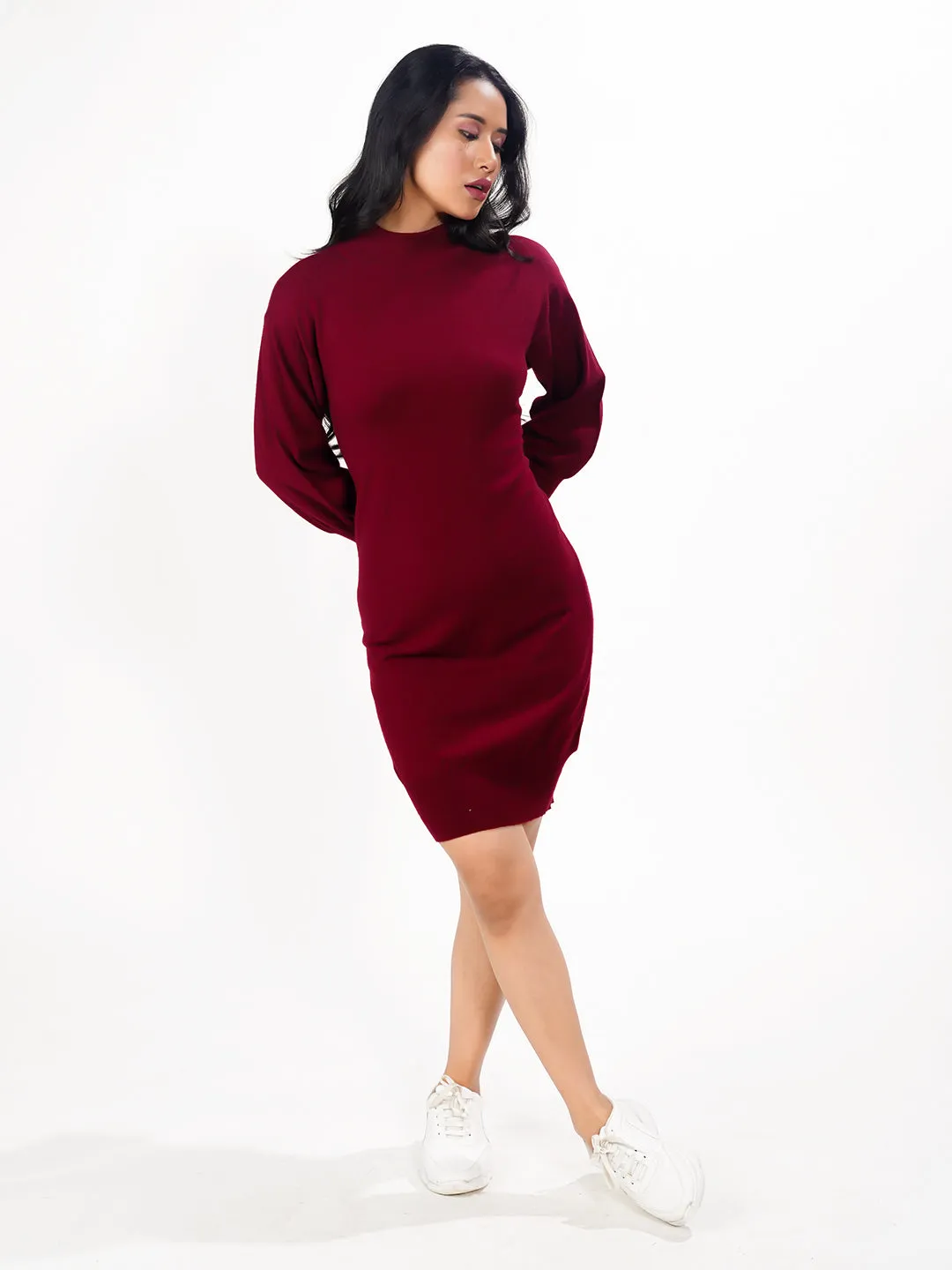 Maroon Solid Slip-On Short Sweater Dress