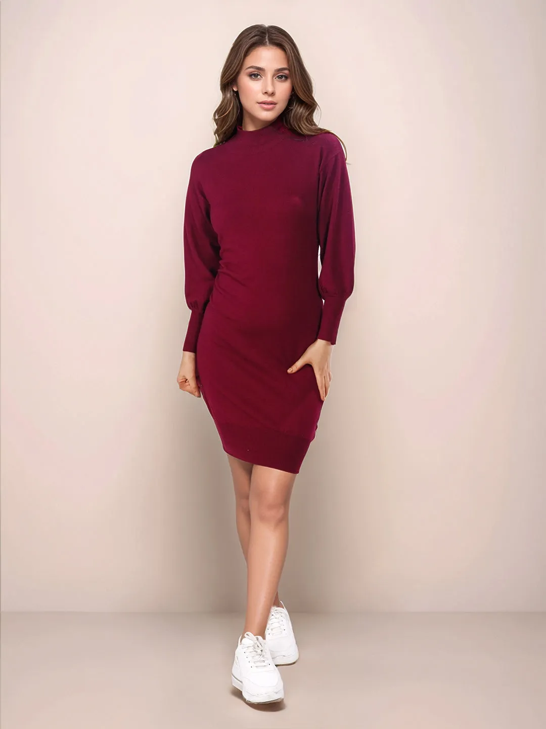Maroon Solid Slip-On Short Sweater Dress