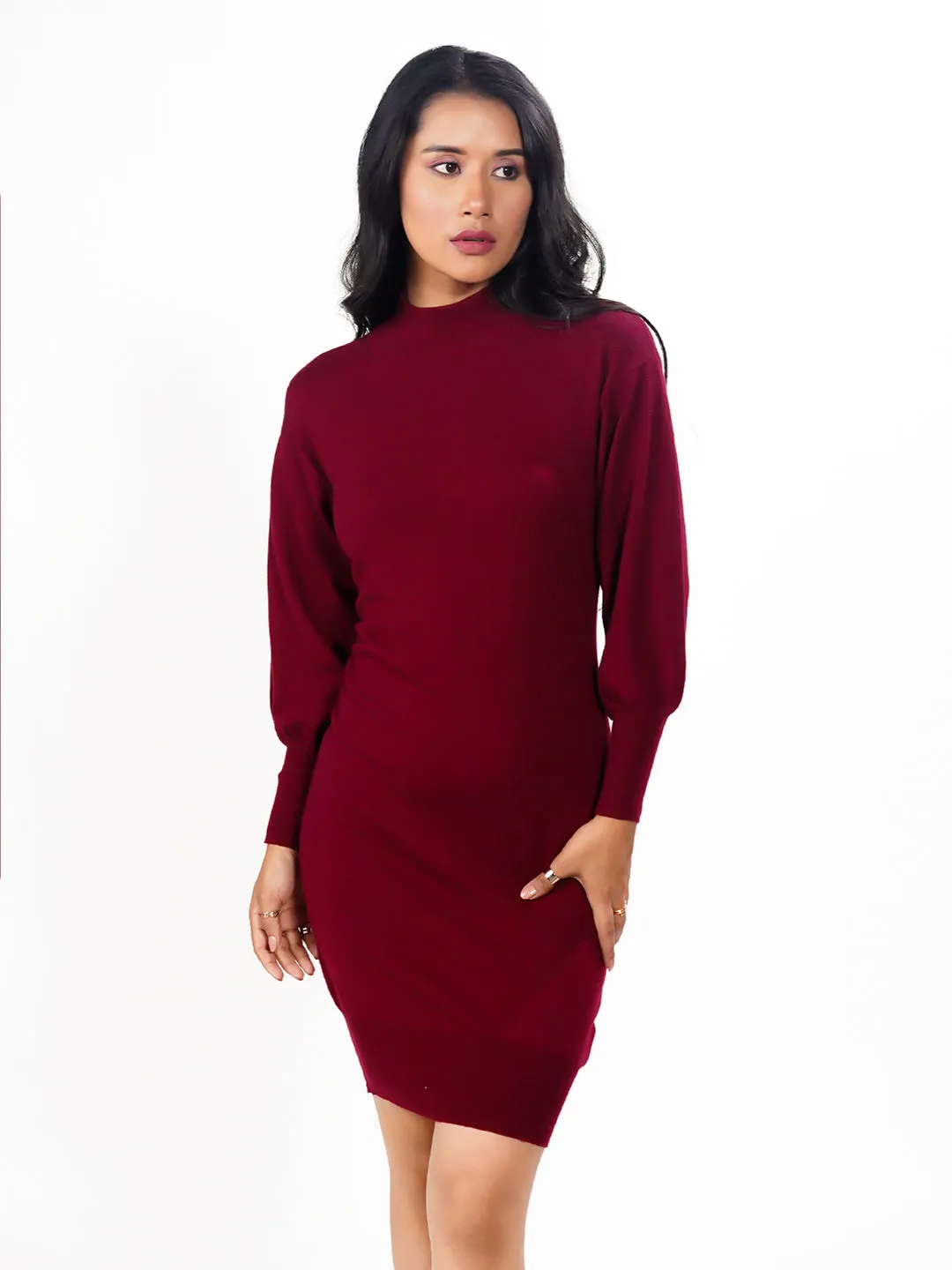 Maroon Solid Slip-On Short Sweater Dress