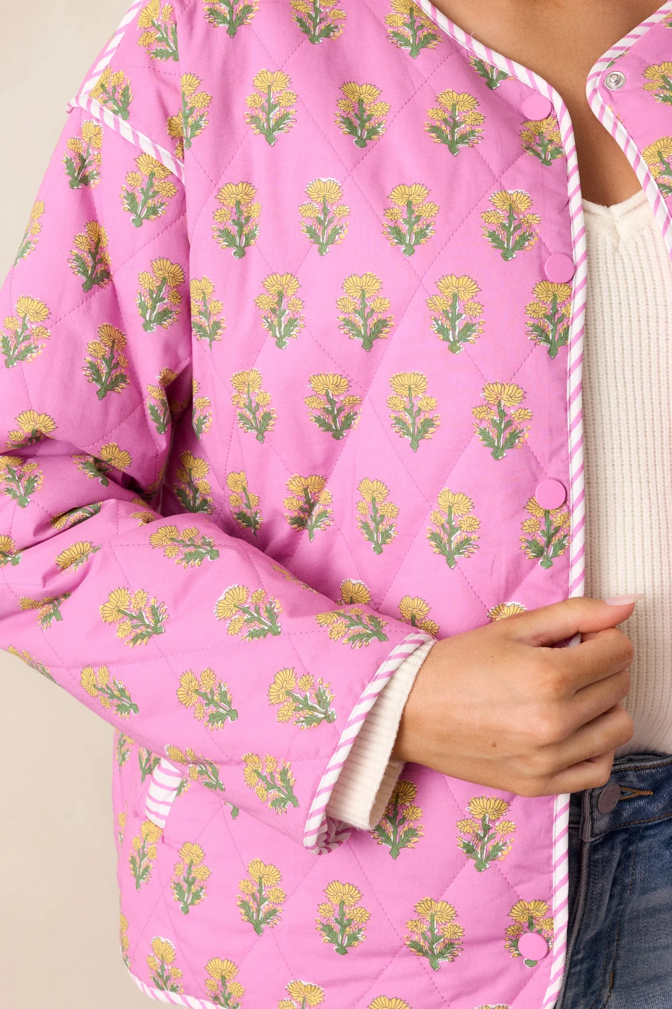 Peaceful Retreat Cotton Pink Floral Quilted Jacket