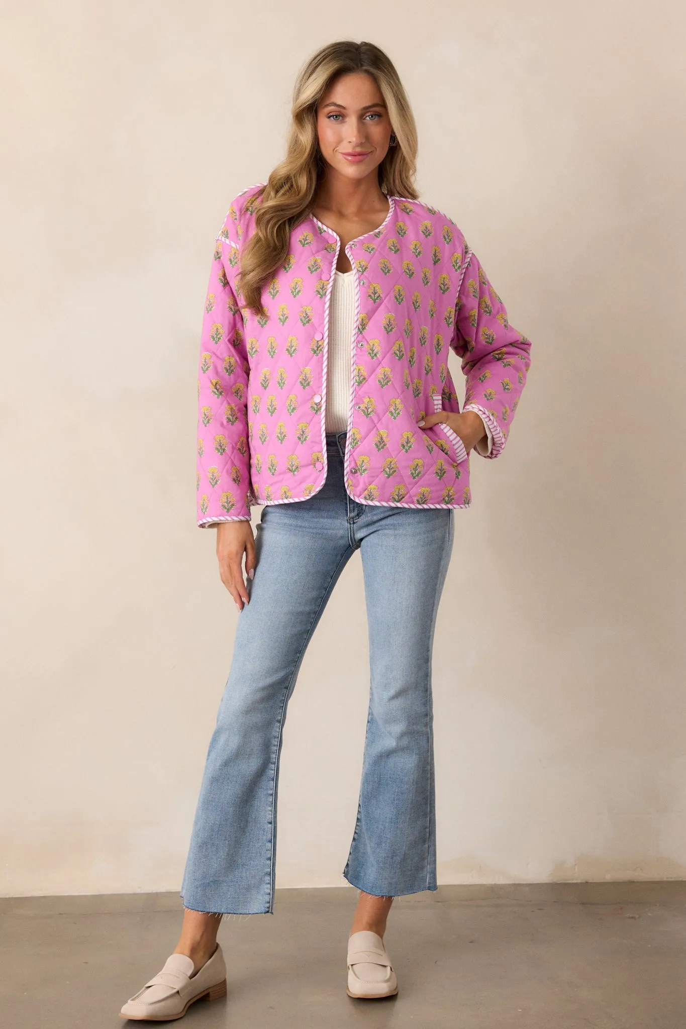 Peaceful Retreat Cotton Pink Floral Quilted Jacket
