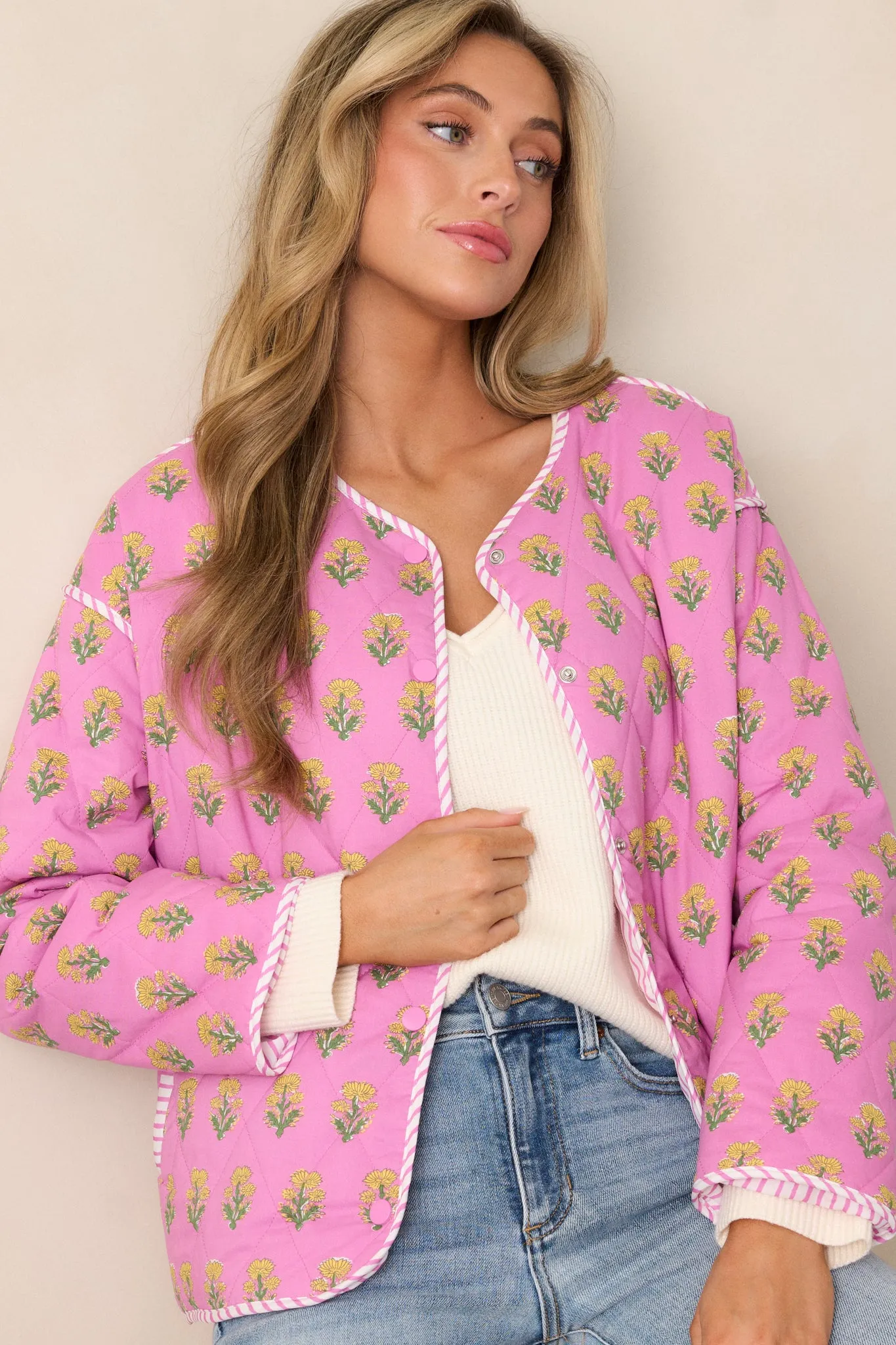 Peaceful Retreat Cotton Pink Floral Quilted Jacket