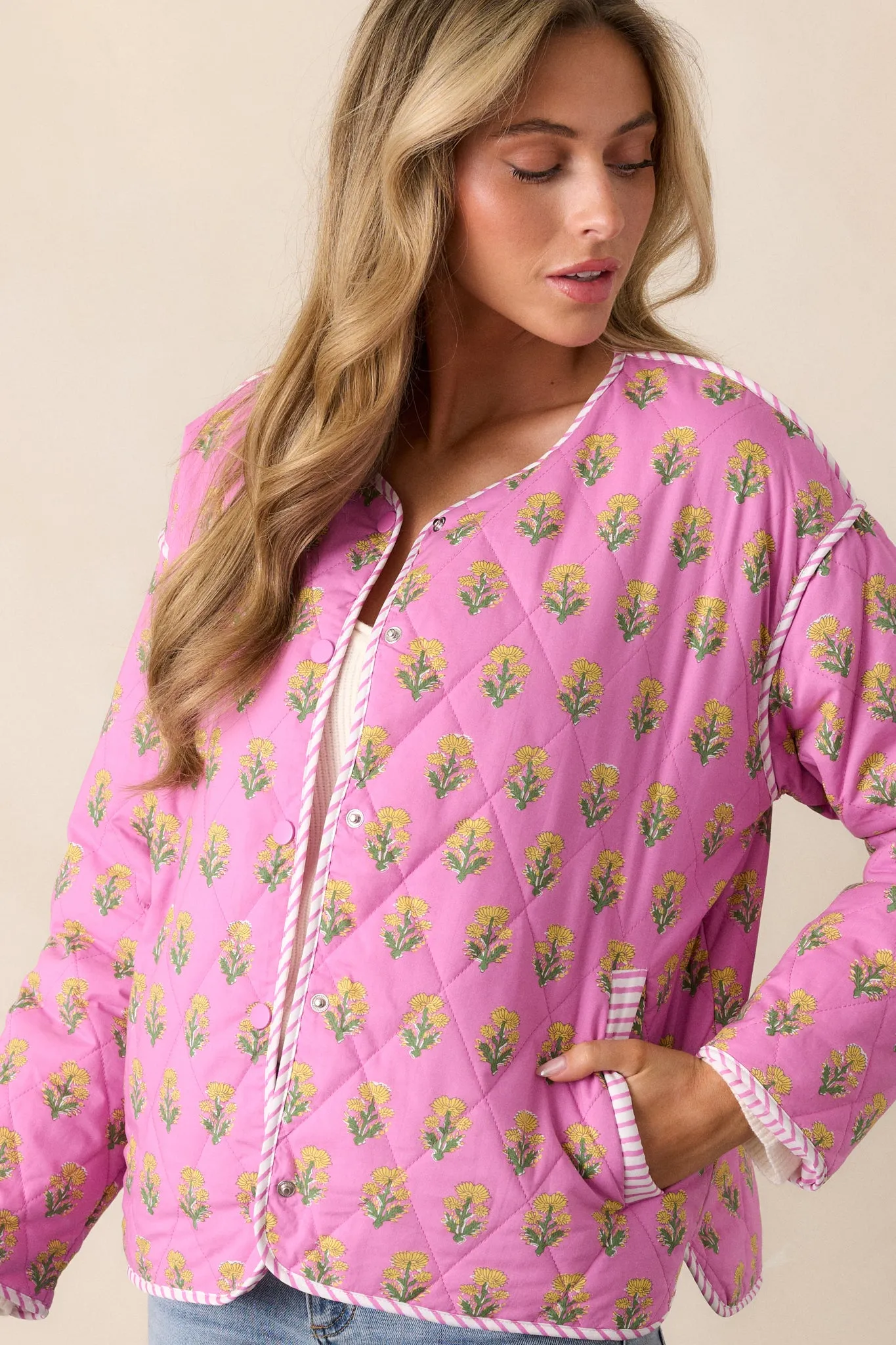 Peaceful Retreat Cotton Pink Floral Quilted Jacket