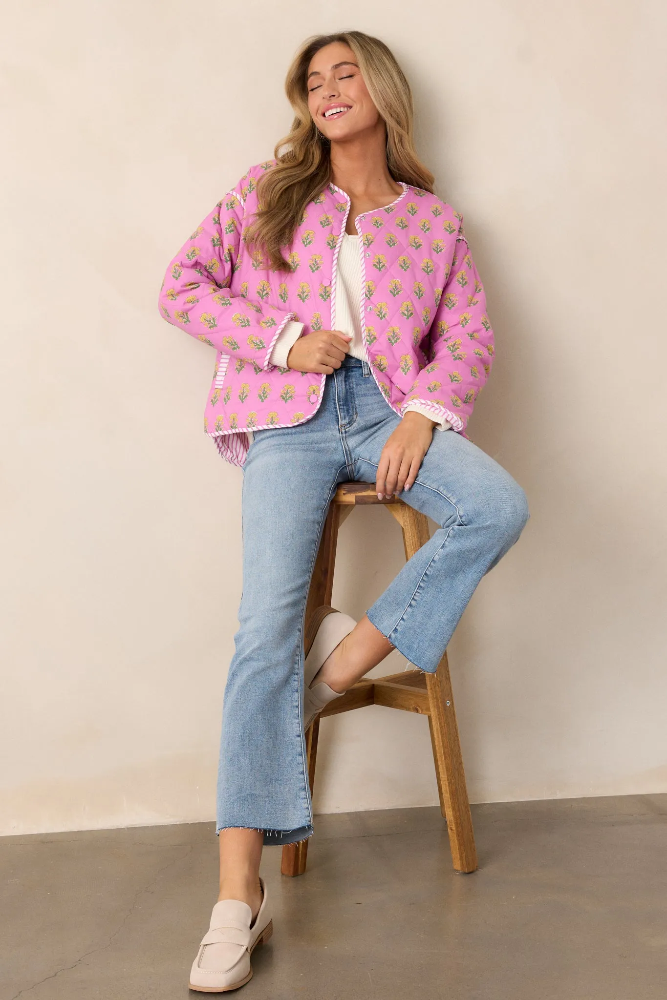 Peaceful Retreat Cotton Pink Floral Quilted Jacket