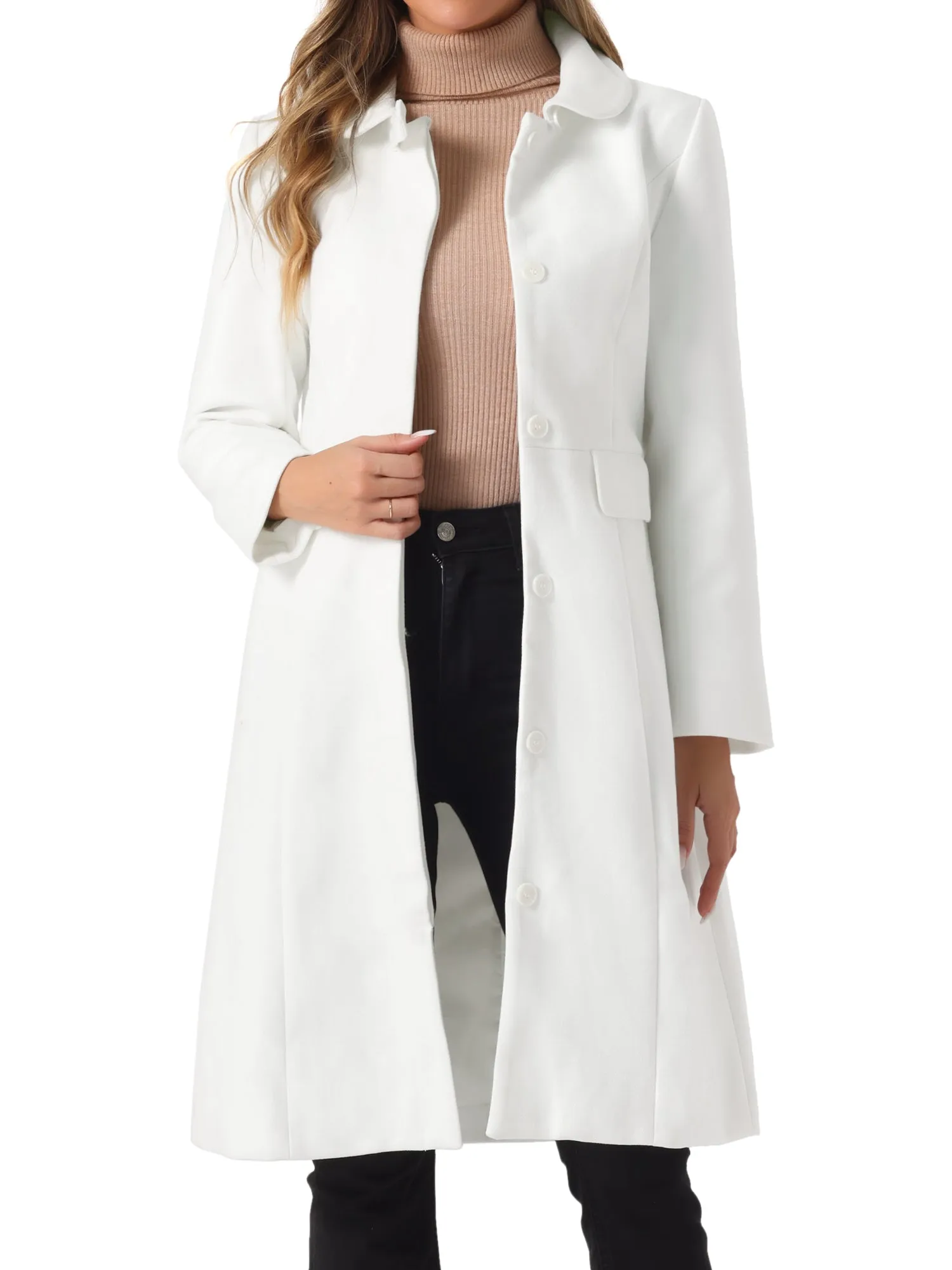 Peter Pan Collar Button Down Long Sleeve Pockets Long Winter Coat