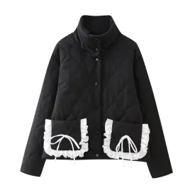 Quilt Stich Pattern Maid Pockets Black Jacket