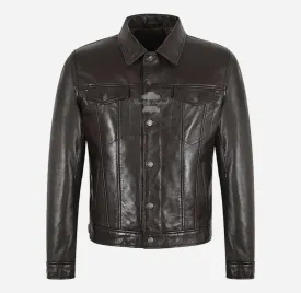 Rashford Mens Dark Brown Trucker Leather Jacket Leather Shacket