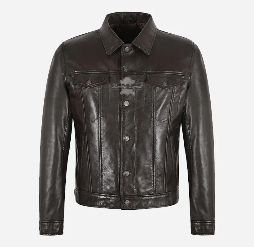 Rashford Mens Dark Brown Trucker Leather Jacket Leather Shacket