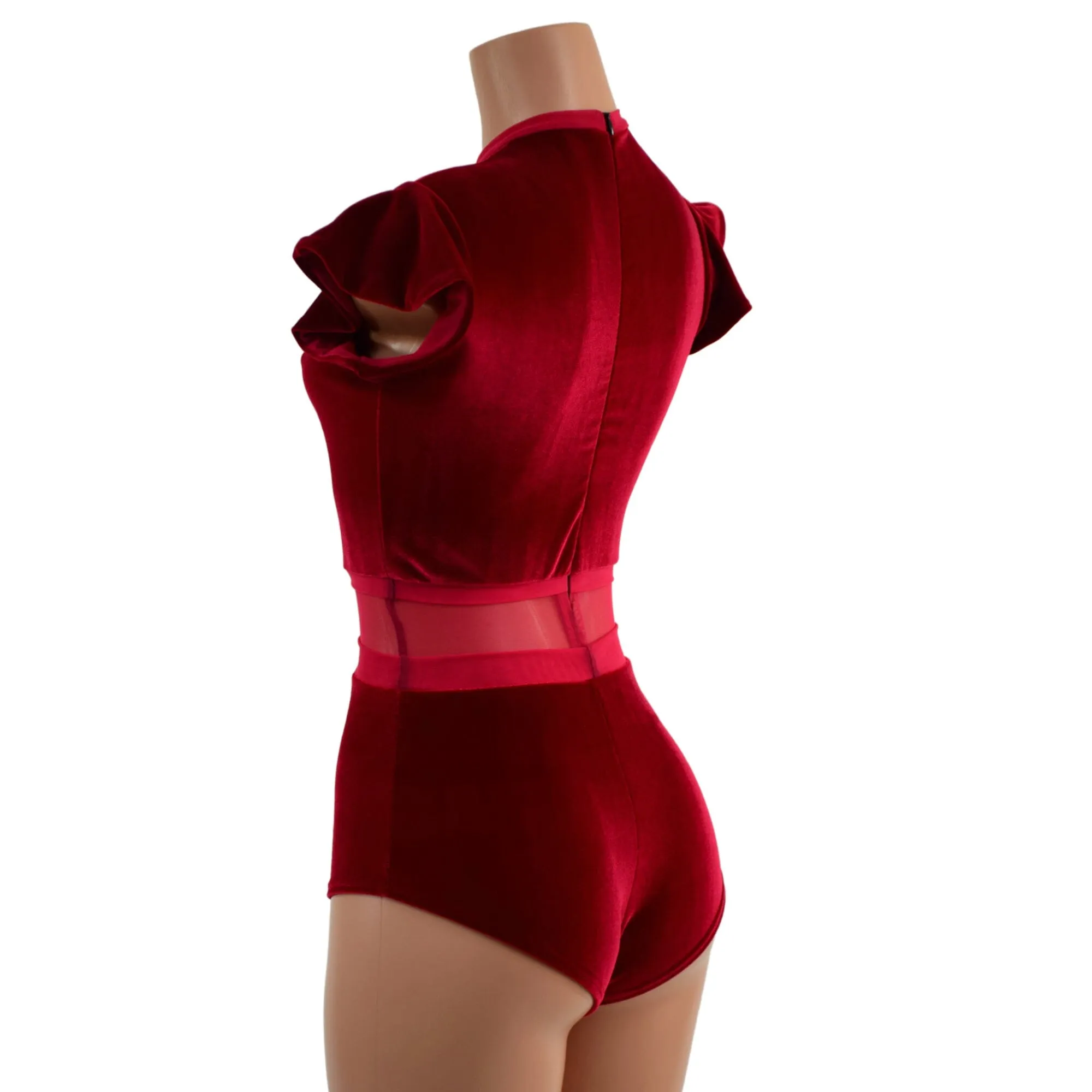 Red Velvet Romper with Inset Mesh Keyhole Neckline