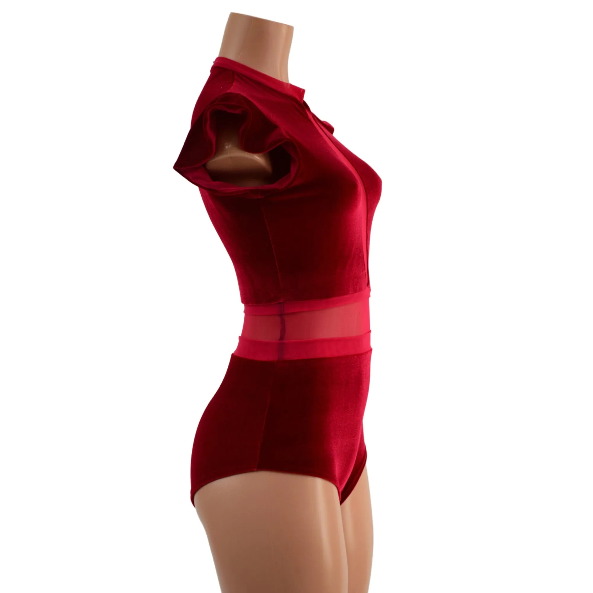 Red Velvet Romper with Inset Mesh Keyhole Neckline