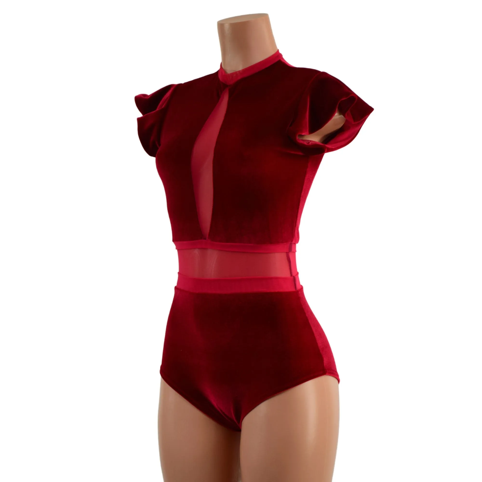 Red Velvet Romper with Inset Mesh Keyhole Neckline