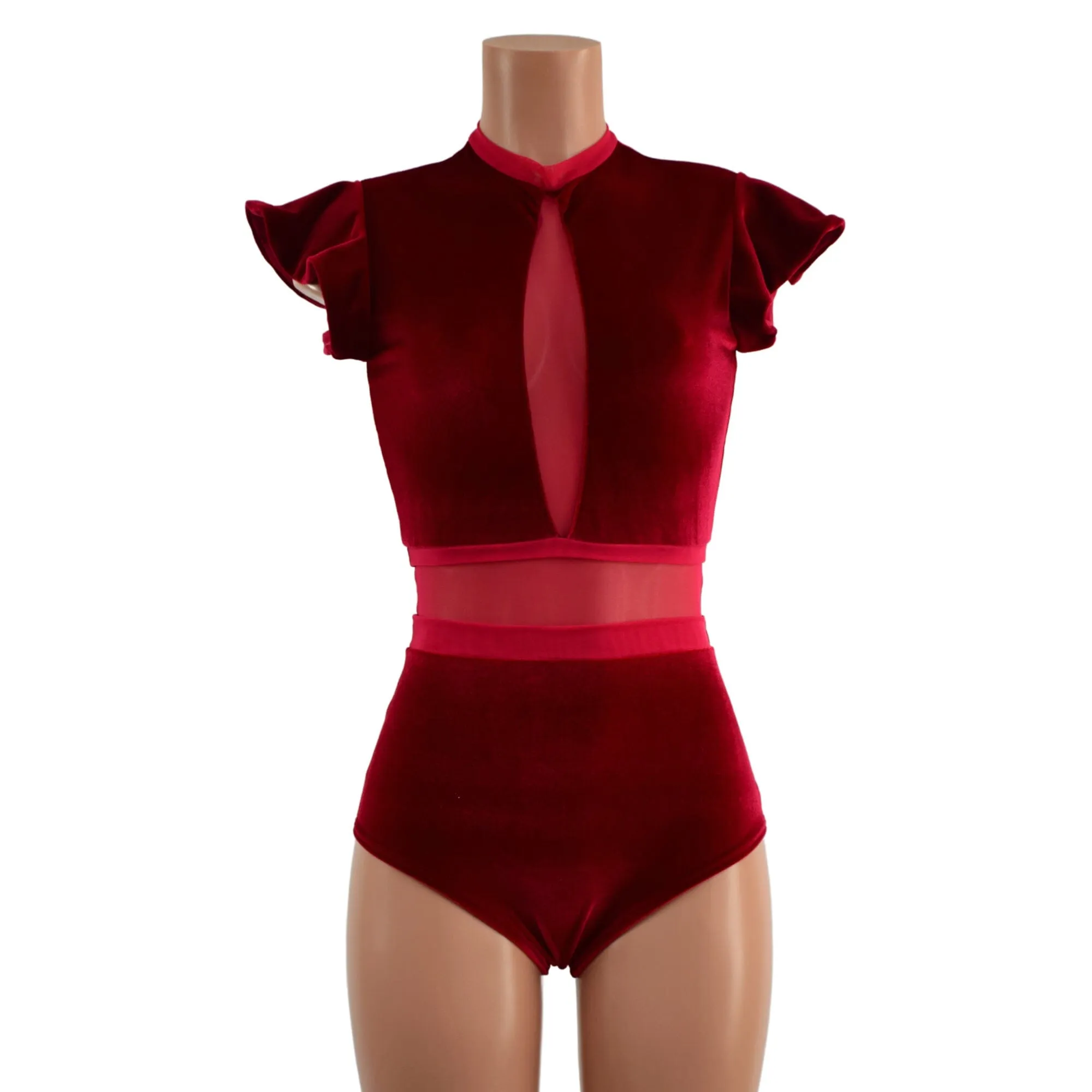 Red Velvet Romper with Inset Mesh Keyhole Neckline