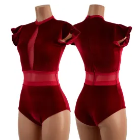 Red Velvet Romper with Inset Mesh Keyhole Neckline