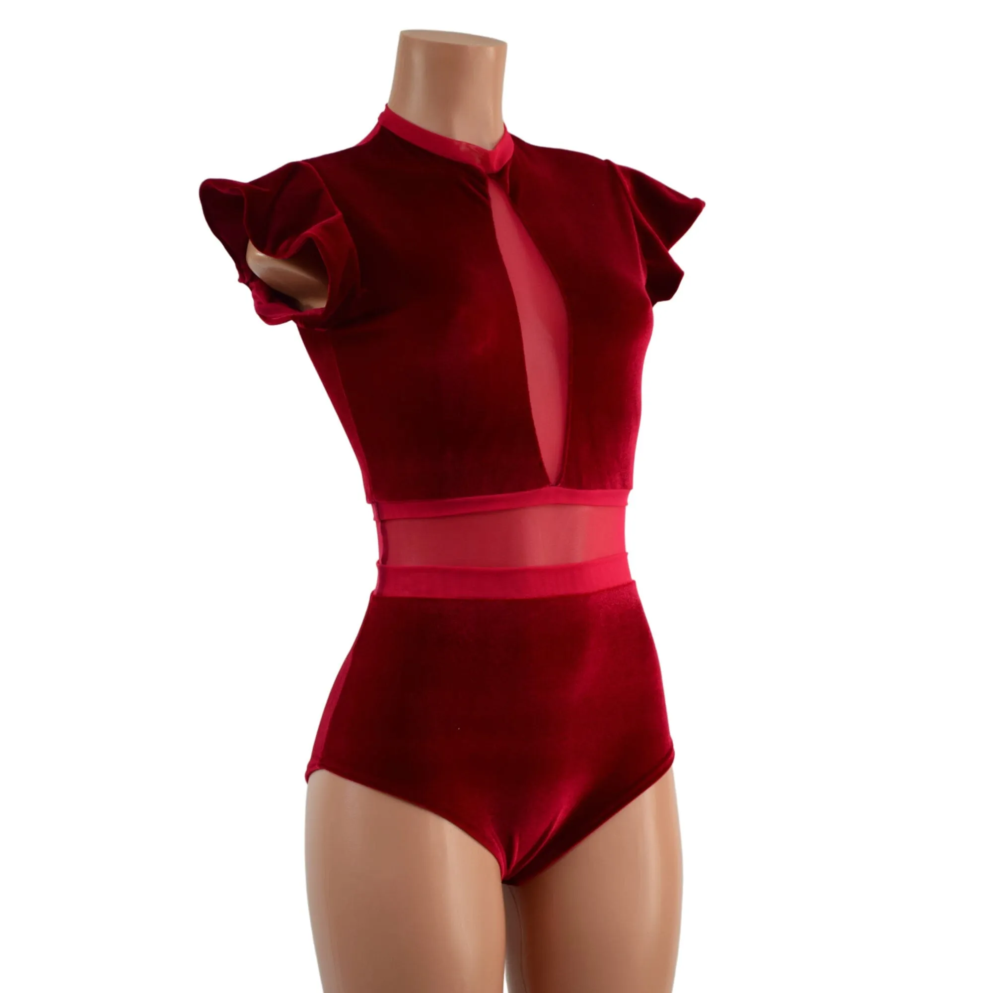 Red Velvet Romper with Inset Mesh Keyhole Neckline