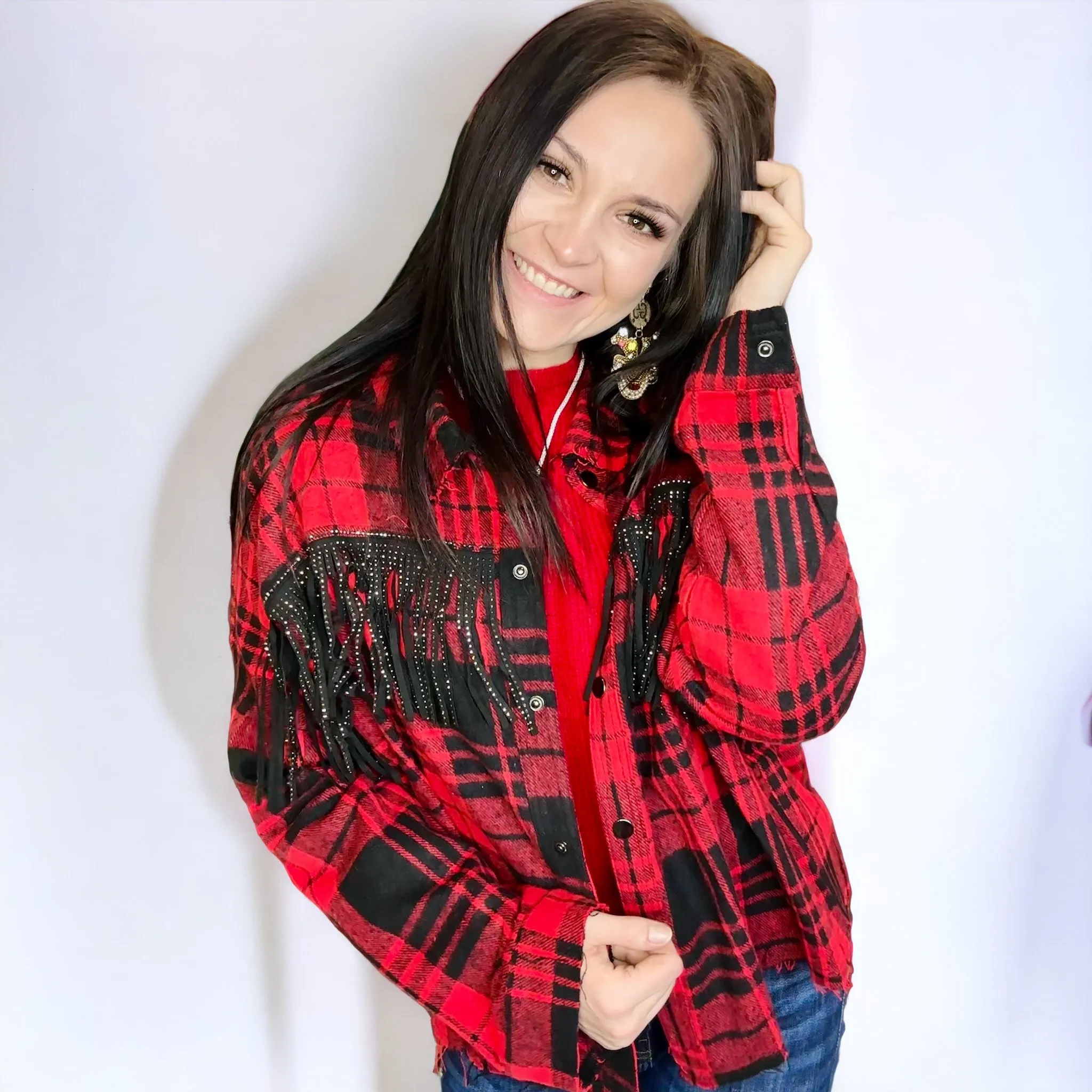 Red Woven Plaid & Studded Fringe Shacket