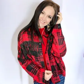 Red Woven Plaid & Studded Fringe Shacket