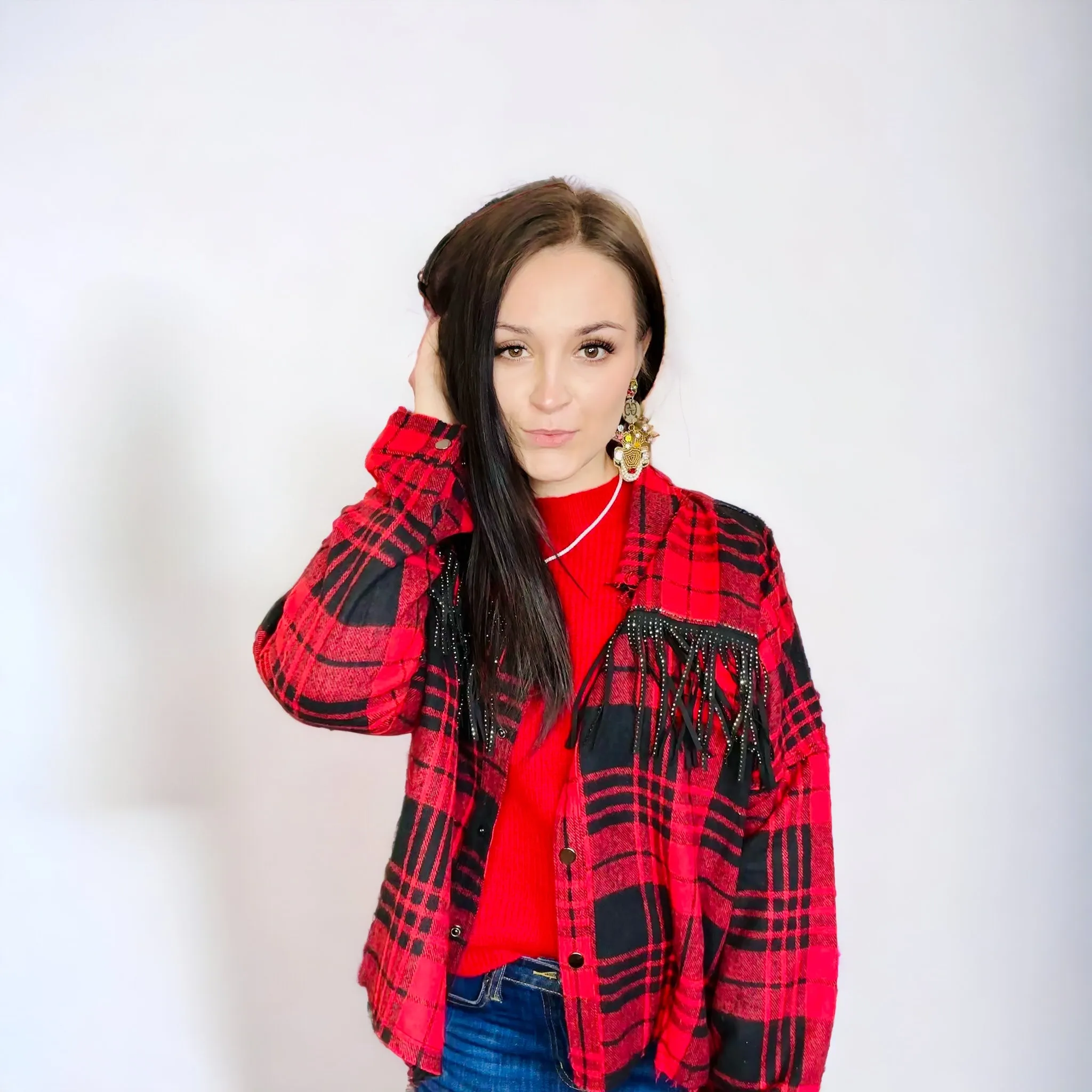 Red Woven Plaid & Studded Fringe Shacket