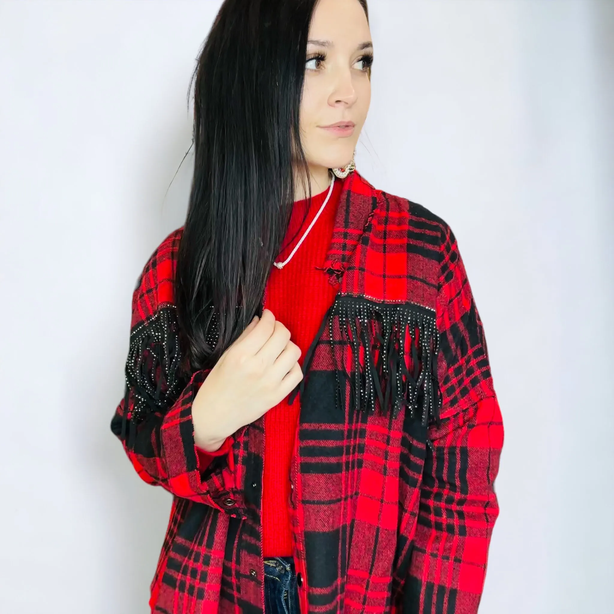 Red Woven Plaid & Studded Fringe Shacket