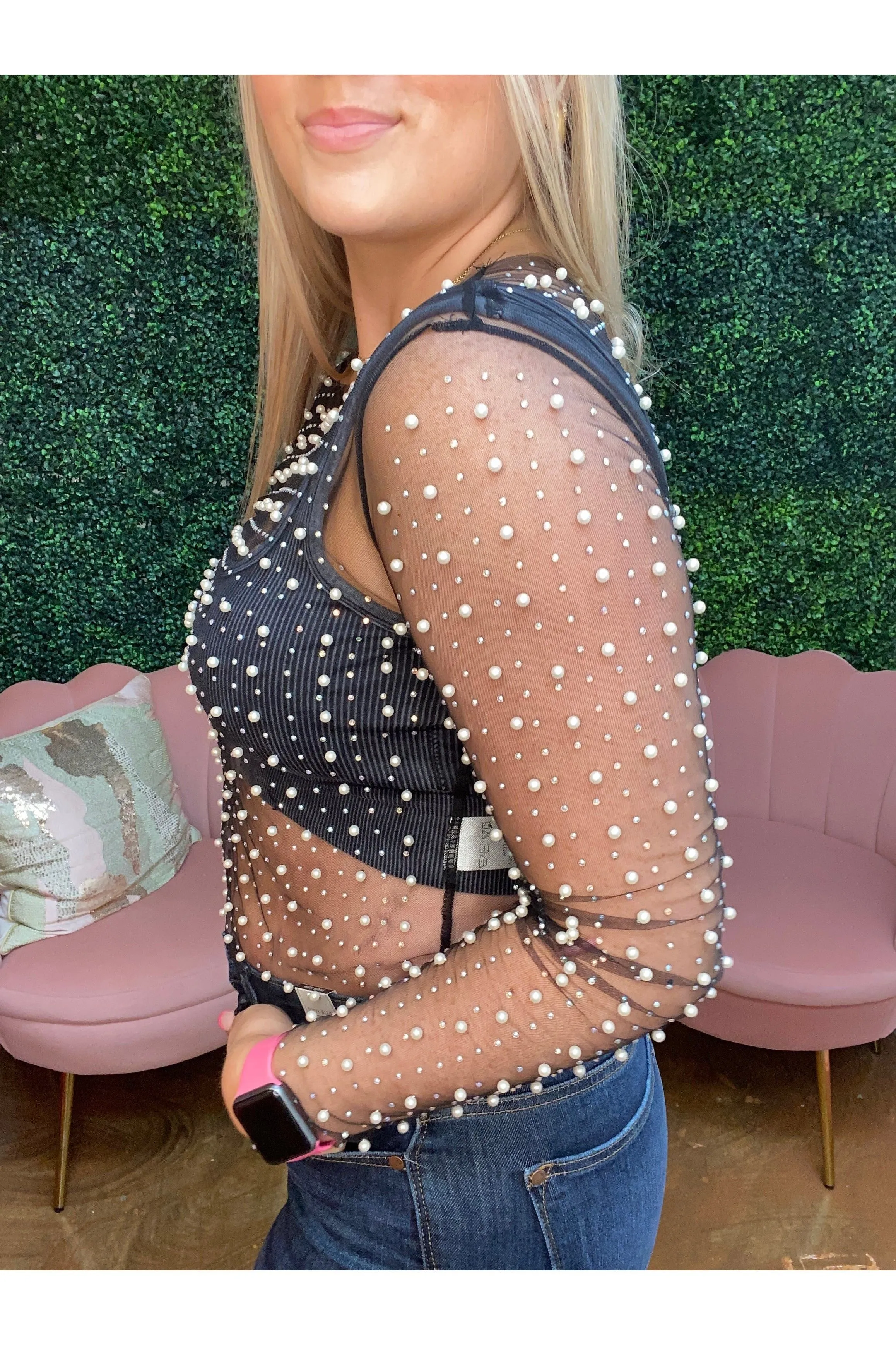 Rhinestone and Pearl Studded Long Sleeve Top