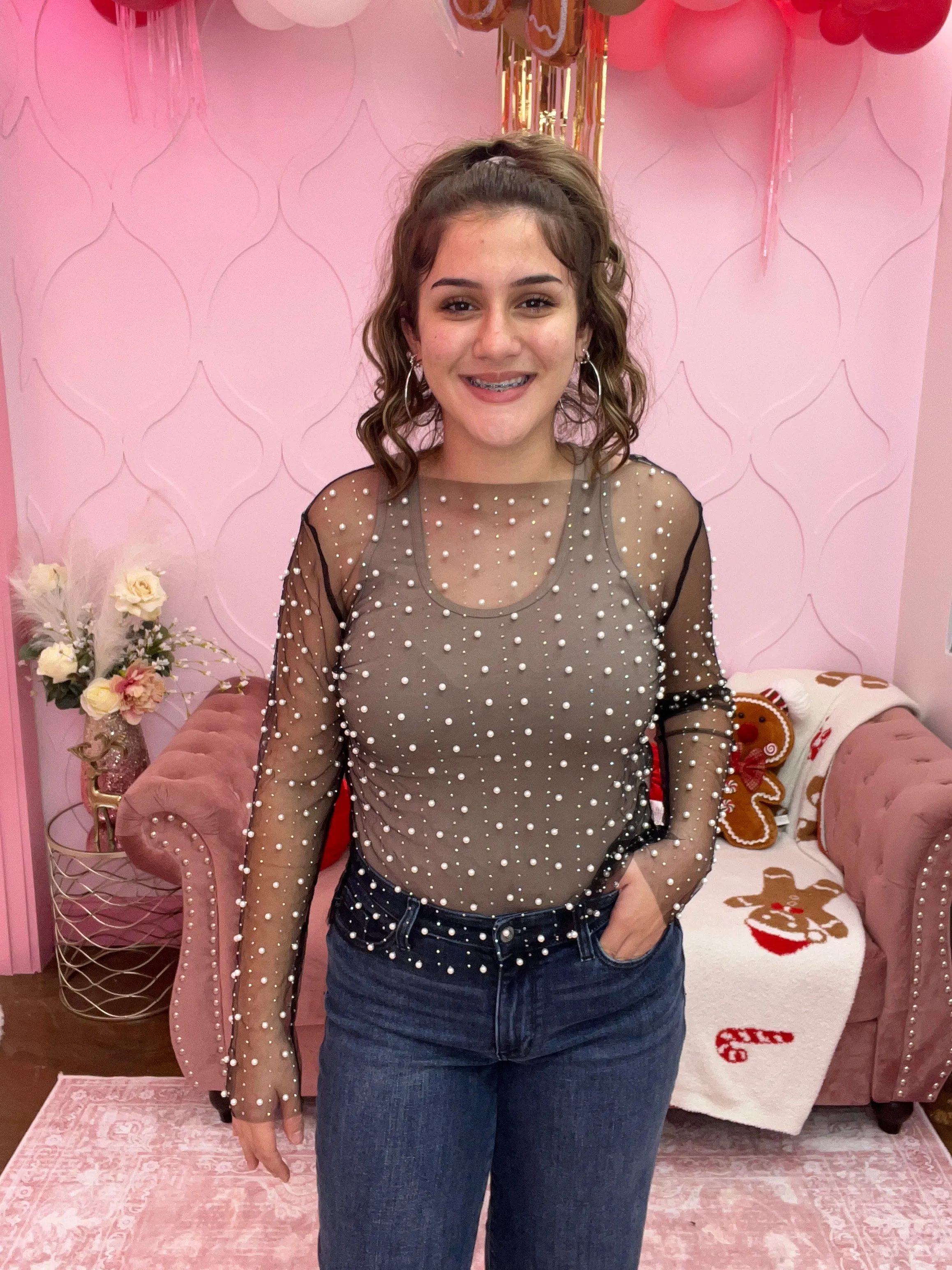 Rhinestone and Pearl Studded Long Sleeve Top