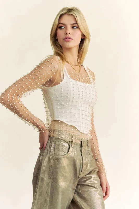 Rhinestone and Pearl Studded Long Sleeve Top