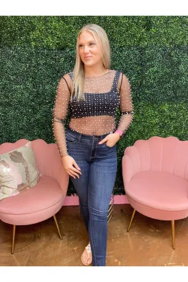 Rhinestone and Pearl Studded Long Sleeve Top