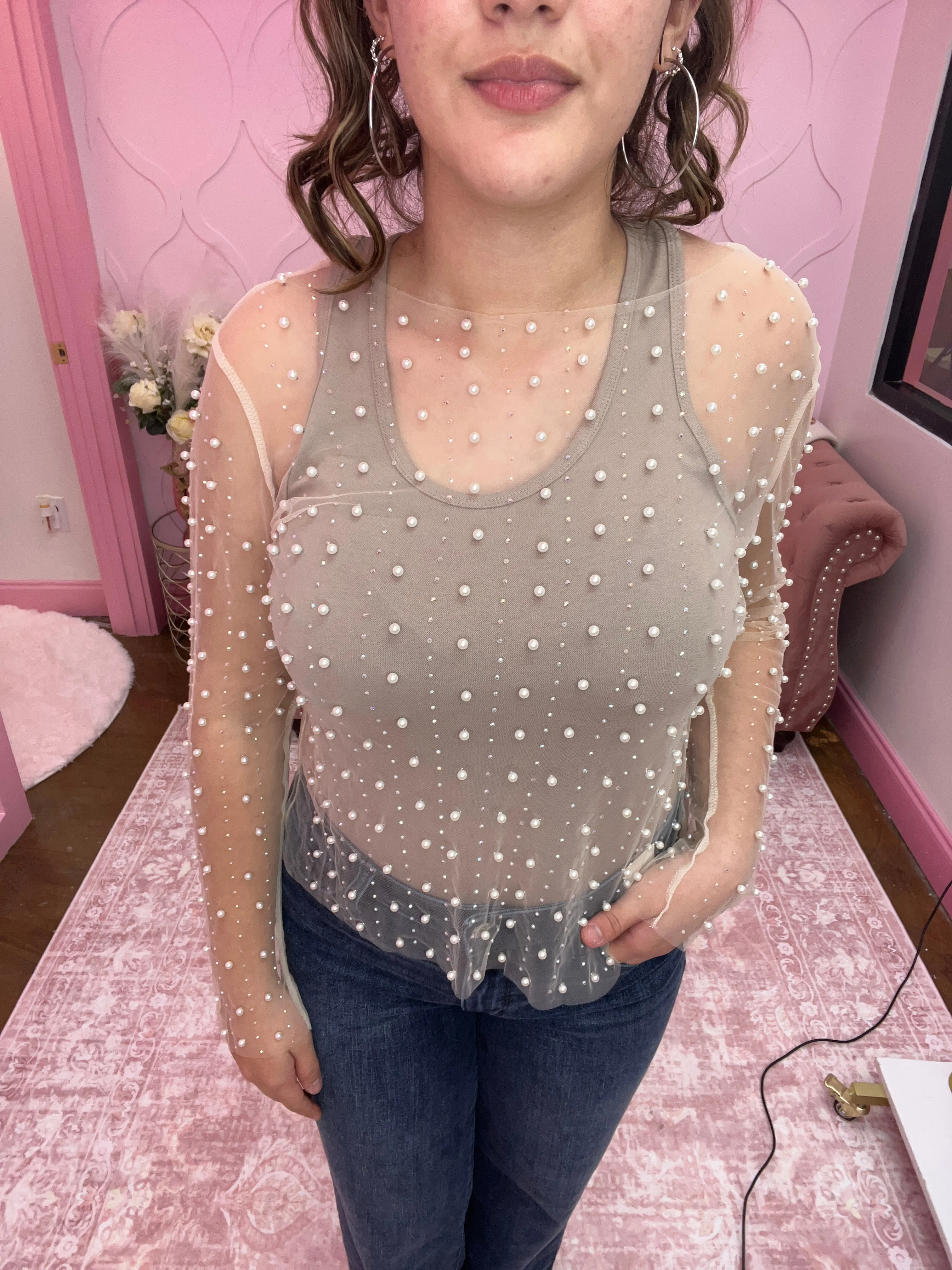 Rhinestone and Pearl Studded Long Sleeve Top
