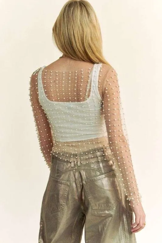 Rhinestone and Pearl Studded Long Sleeve Top