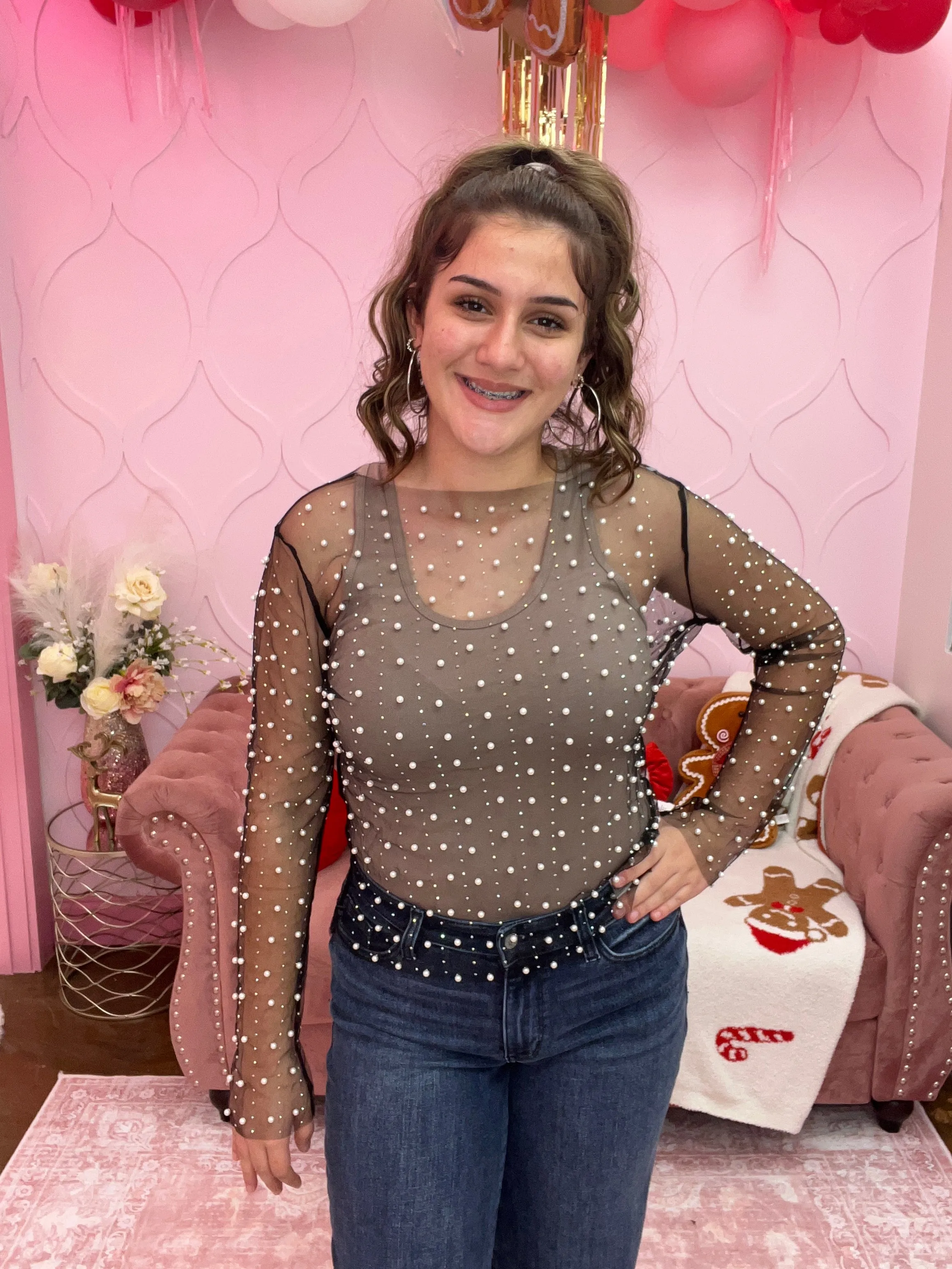 Rhinestone and Pearl Studded Long Sleeve Top