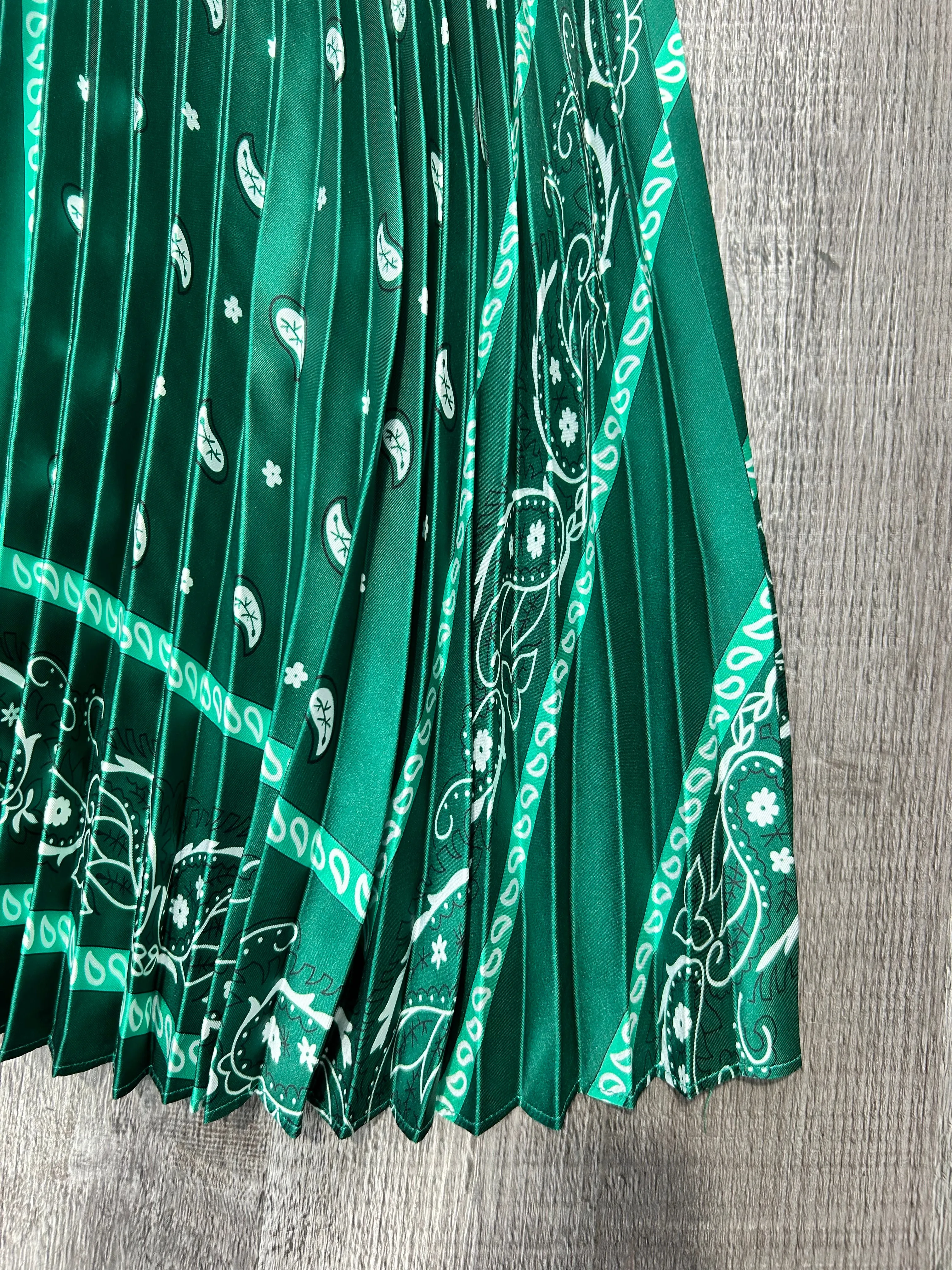 Rich Green, Bandanna Pattern, Accordion Pleat Maxi Skirt