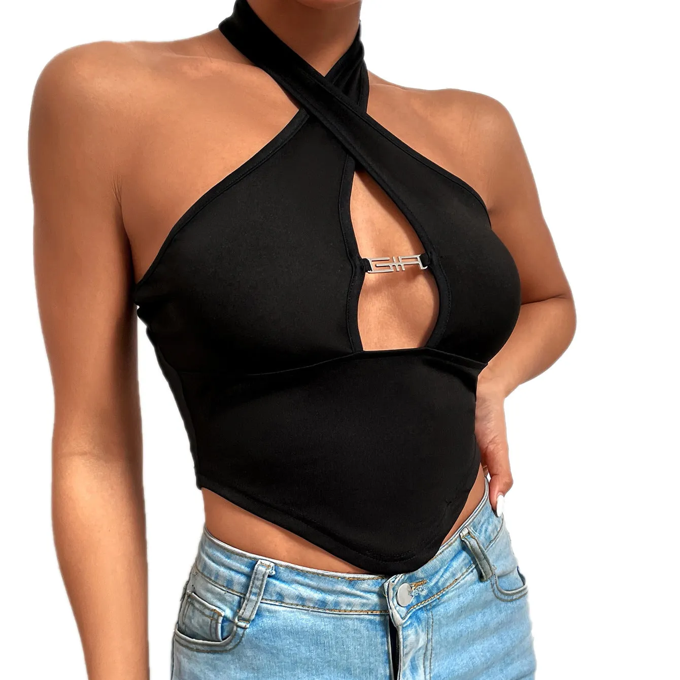 Sexy Cross Halter Knitted Sweater Slim-fit Tight-fitting T-shirt Top