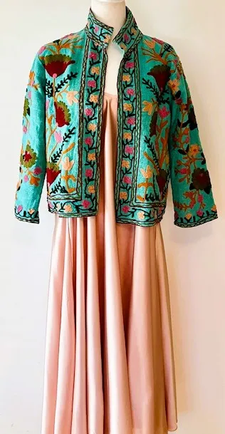 Short Box Cut Suzani Hand Embroidered Jacket In Jade.
