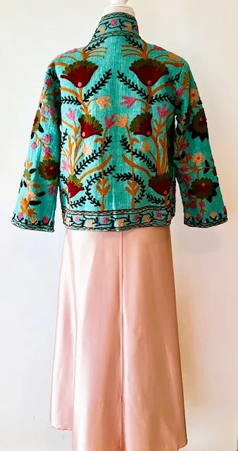 Short Box Cut Suzani Hand Embroidered Jacket In Jade.