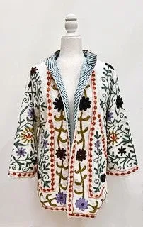 Short Box Cut Suzani Hand Embroidered Jacket Welcomes Spring (Cream)
