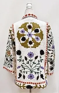Short Box Cut Suzani Hand Embroidered Jacket Welcomes Spring (Cream)