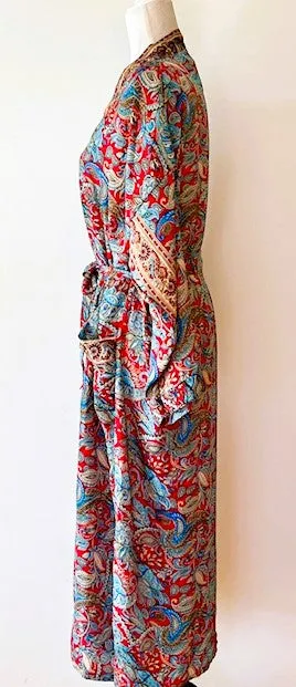 Silk Kimono Duster In A Beautiful,  Rich Print: Red