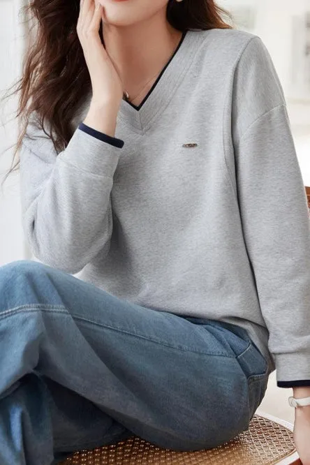 Simple and Comfortable Long Sleeve V-Neck Sweatshirt