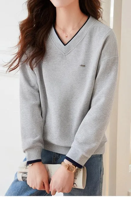 Simple and Comfortable Long Sleeve V-Neck Sweatshirt