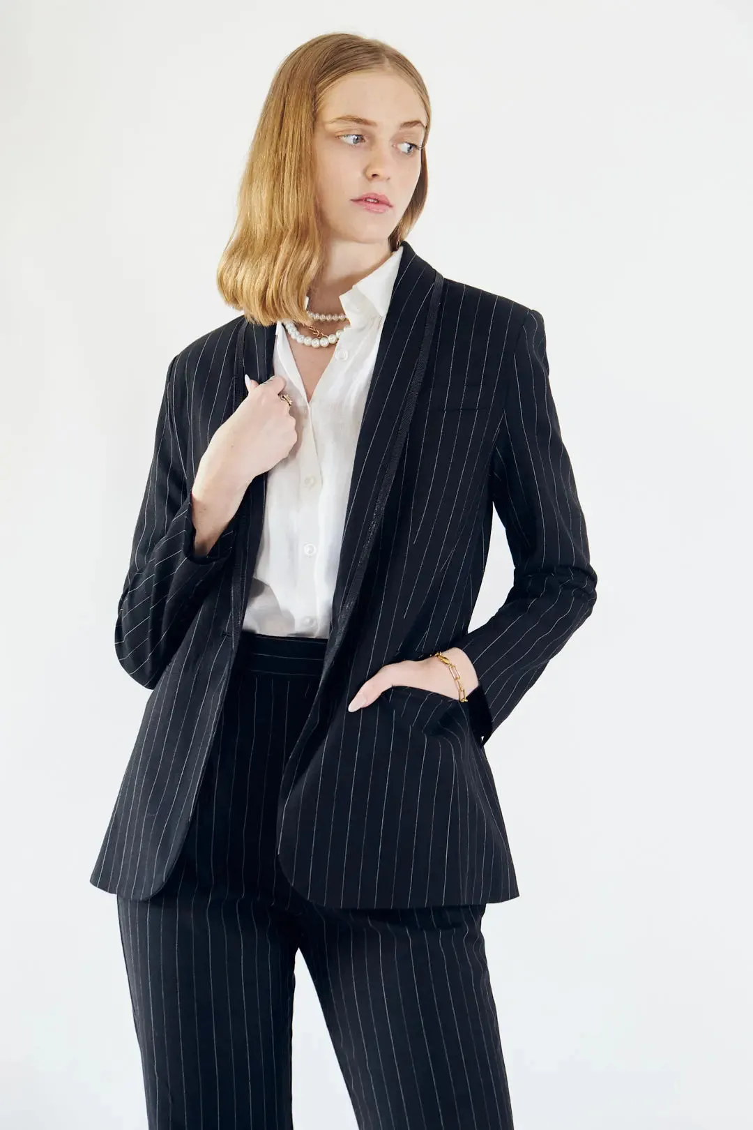 Sophisticated Black Pinstripe Tailored Blazer