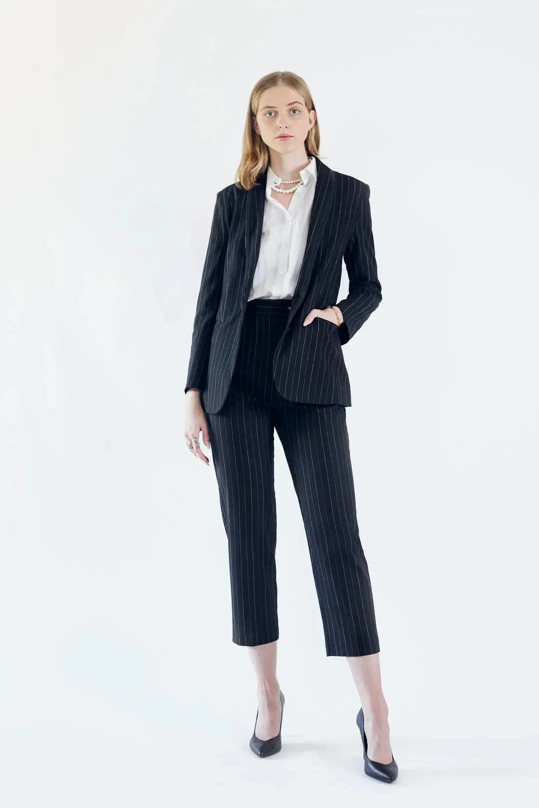 Sophisticated Black Pinstripe Tailored Blazer