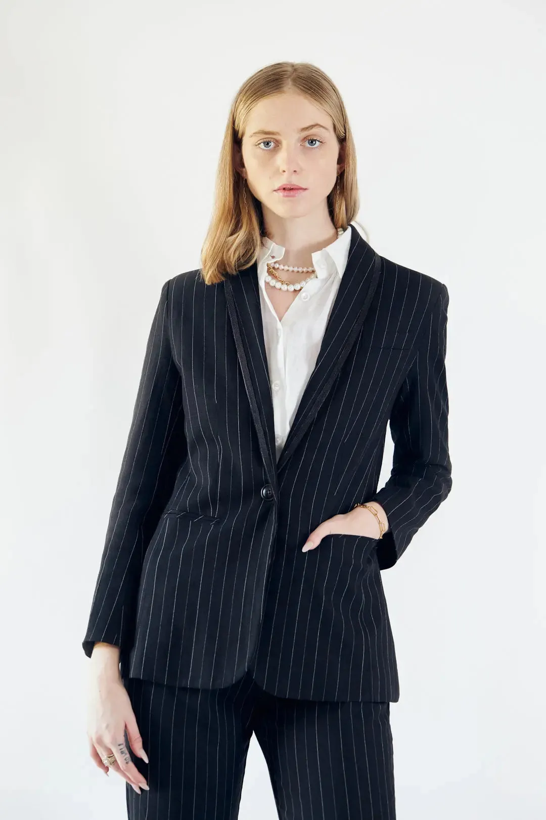 Sophisticated Black Pinstripe Tailored Blazer